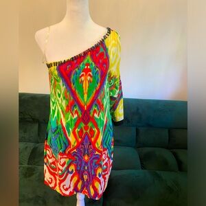 Bright eye catching muti-colored one sleeve open shoulder mini dress